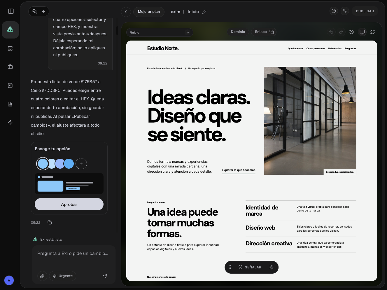 Exim workspace showing Exi alongside a website preview